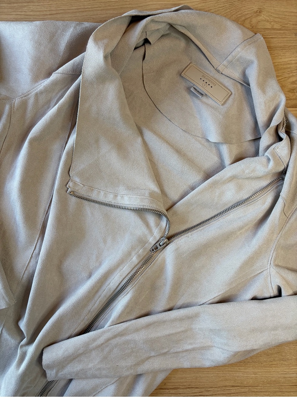 BLANKNYC Faux Suede Asymmetrical Zip Drape Front Moto Jacket Taupe Beige S